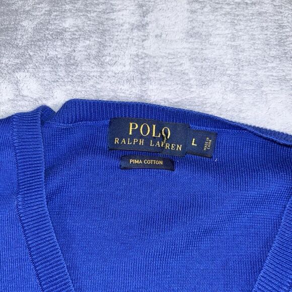 Polo Ralph Lauren Sweater Mens Large Blue Pima Cotton V Neck Pullover Pony Work - Picture 3 of 7